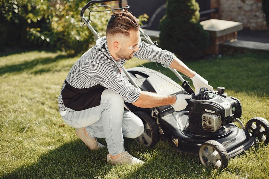 A metal wheelbarrow filled with garden debris, including wilted leaves, dried flowers, and plant stems, resting on a grassy lawn area. The wheelbarrow has a large black wheel with a green hub, and ext